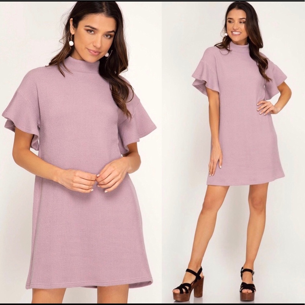 Light MAUVE FLOUNCE SLEEVE SHIFT DRESS- L